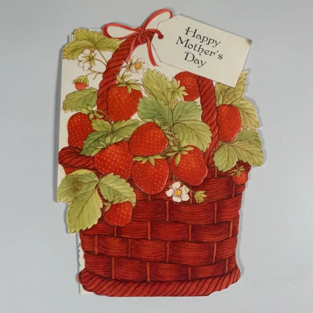 Vintage Mothers Day Card Strawberry Basket Die Cut Embossed Ambassador Decor Art